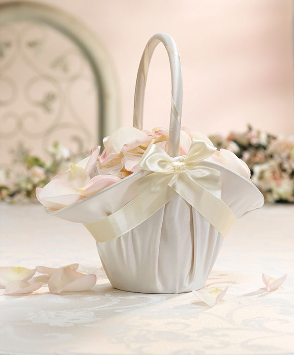 Satin and Bows Flower Girl Basket White or Ivory - Click Image to Close
